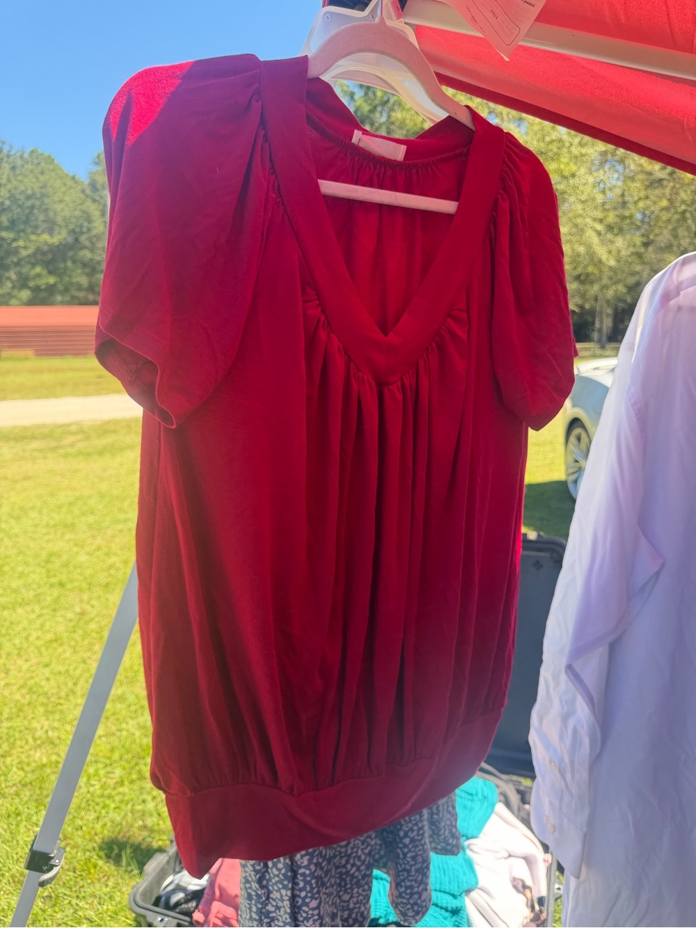 Women's Red V-Neck Pleated Blouse